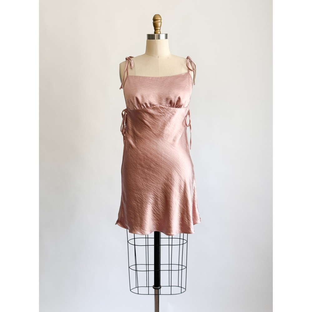 Sweet Pot Coquette Satin Slip Mini Dress 10 Rose Gold Tie Shoulder Side Ties